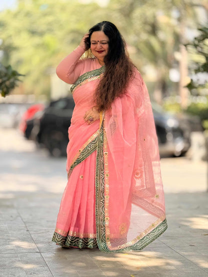 Lotus Pink Kota Doria Saree with Green Bandhej Border & Gotta patti Work