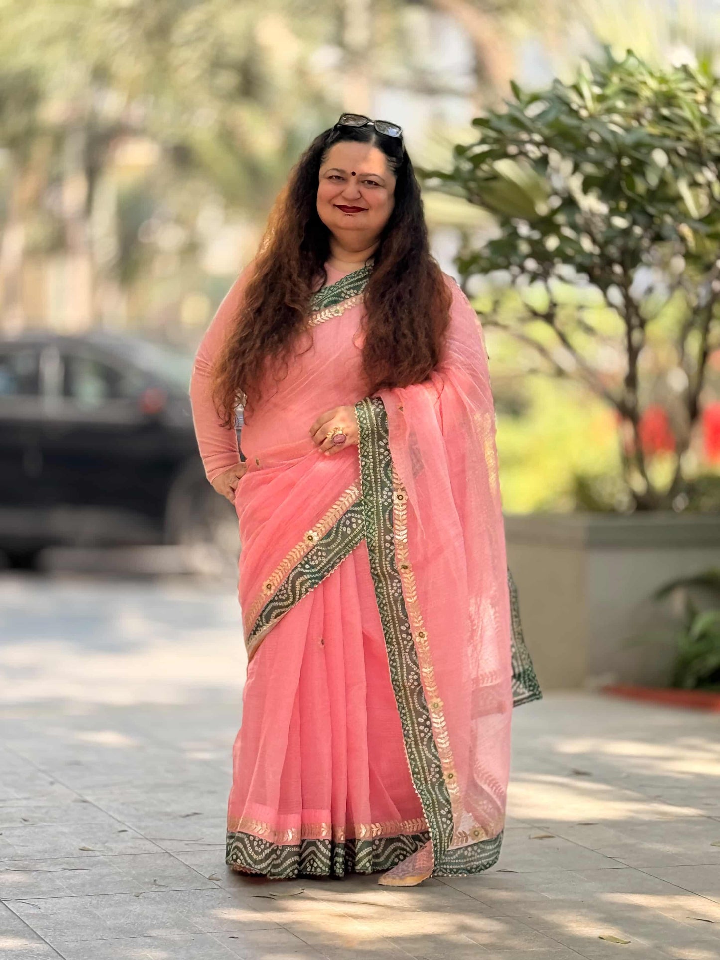 Lotus Pink Kota Doria Saree with Green Bandhej Border & Gotta patti Work