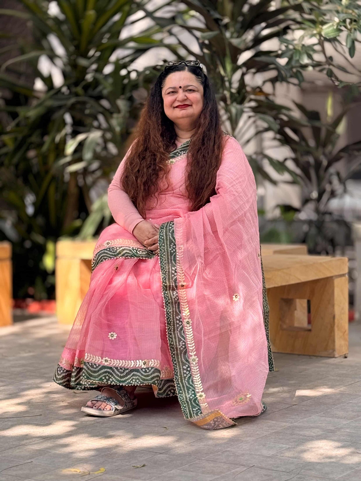 Lotus Pink Kota Doria Saree with Green Bandhej Border & Gotta patti Work