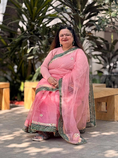Lotus Pink Kota Doria Saree with Green Bandhej Border & Gotta patti Work