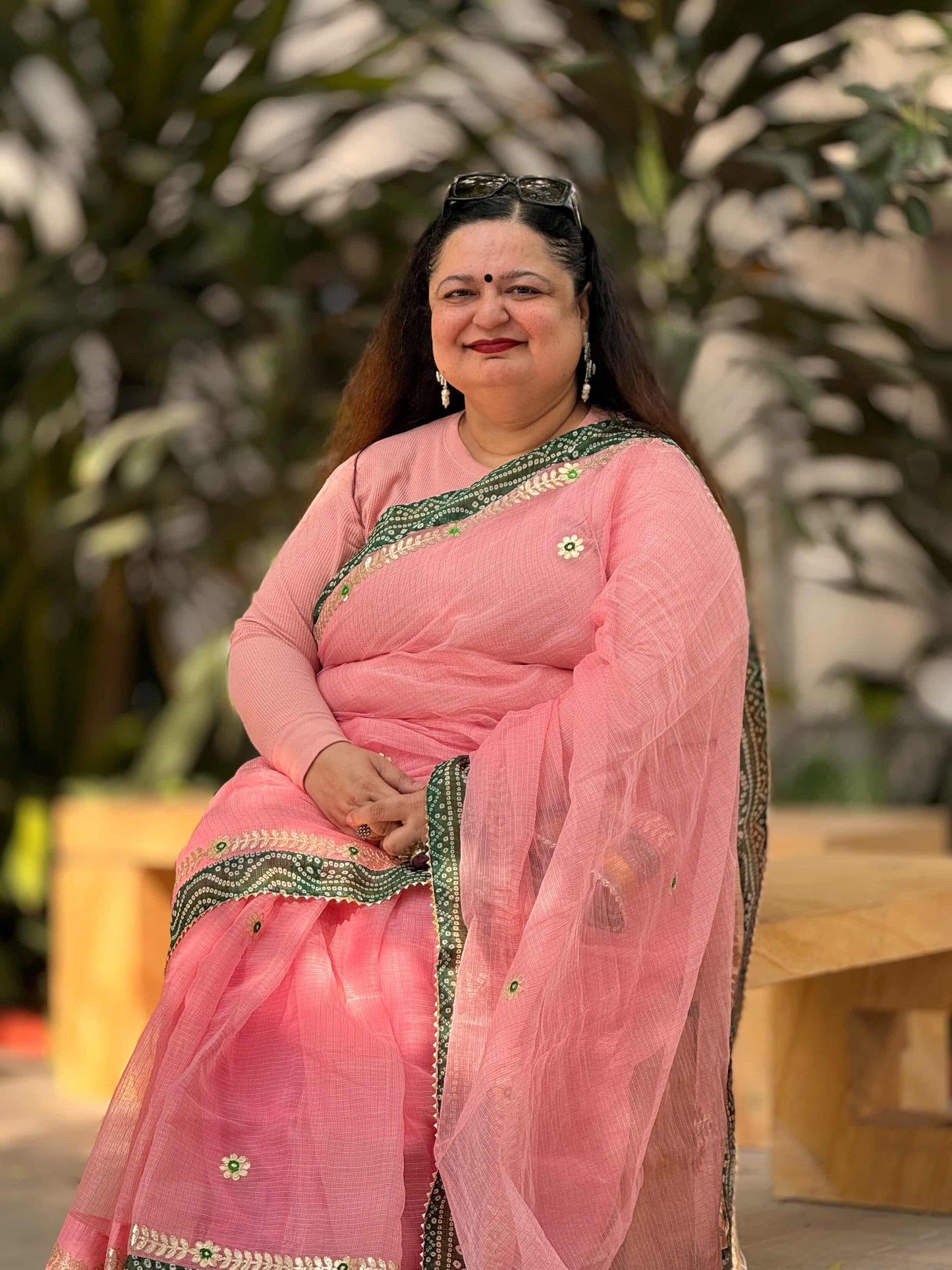 Lotus Pink Kota Doria Saree with Green Bandhej Border & Gotta patti Work