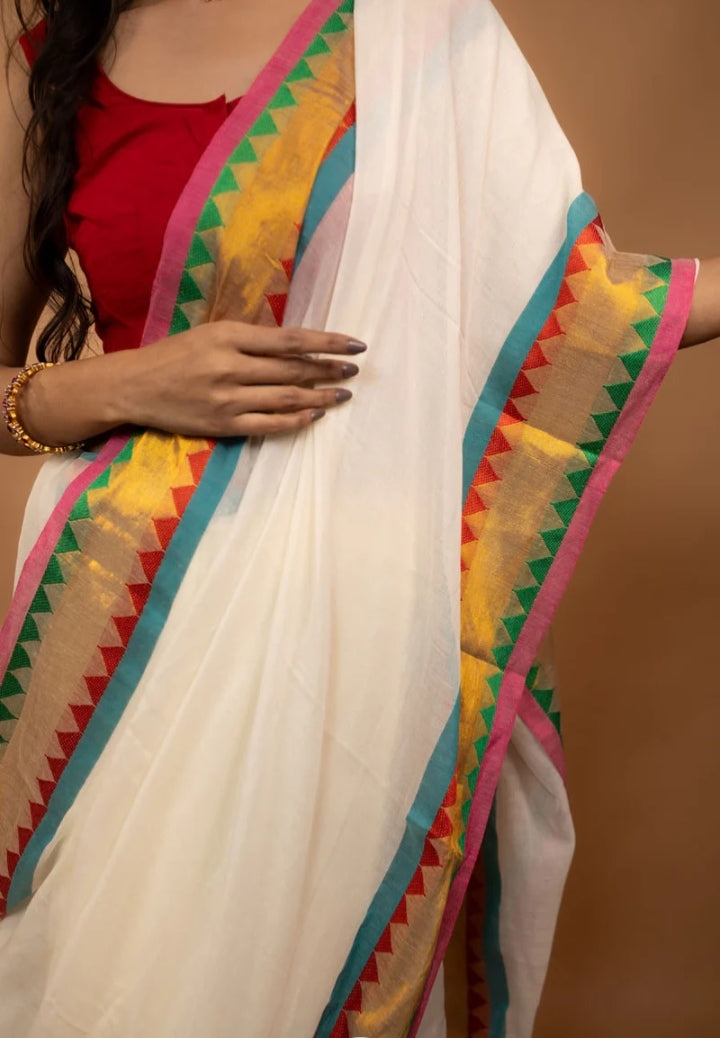 White Pure Mul Cotton Saree with Multicolor Temple Border & Gold Zari Work