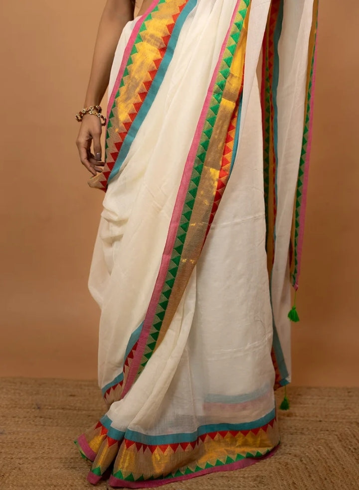 White Pure Mul Cotton Saree with Multicolor Temple Border & Gold Zari Work
