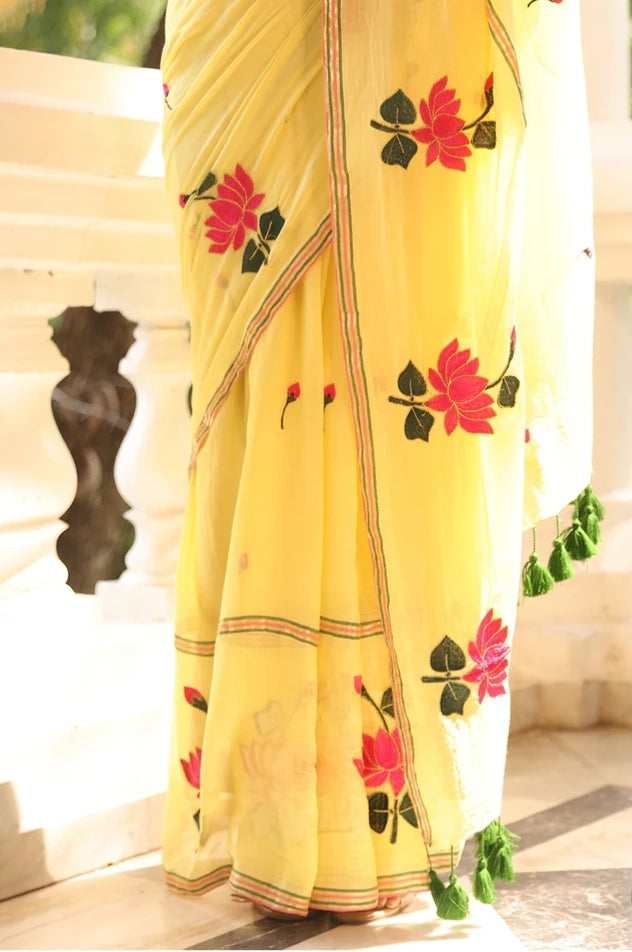 Sunshine Yellow Floral Mul Cotton Saree with Tassel Pallu