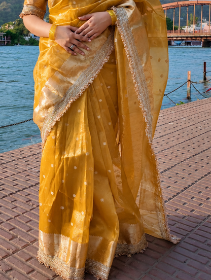 Banarasi Tissue Silk Saree with Gold Zari Buti & Heavy Lace Border
