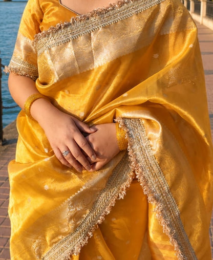 Banarasi Tissue Silk Saree with Gold Zari Buti & Heavy Lace Border