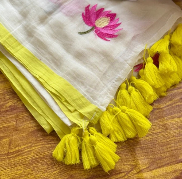 Lotus Embroidered Mul Cotton Saree