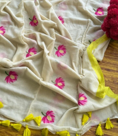 Lotus Embroidered Mul Cotton Saree
