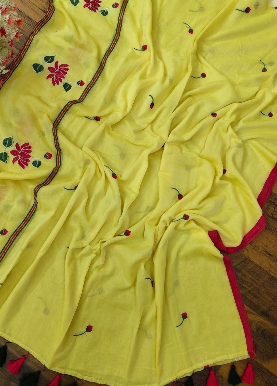 Sunshine Yellow Floral Mul Cotton Saree with Tassel Pallu