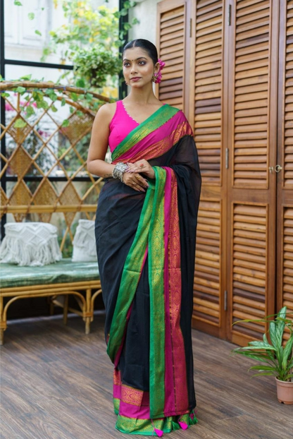 Kanchi Border Mul Cotton Saree with Green & Pink Zari Border