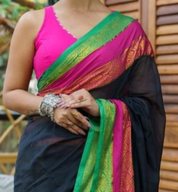 Kanchi Border Mul Cotton Saree with Green & Pink Zari Border