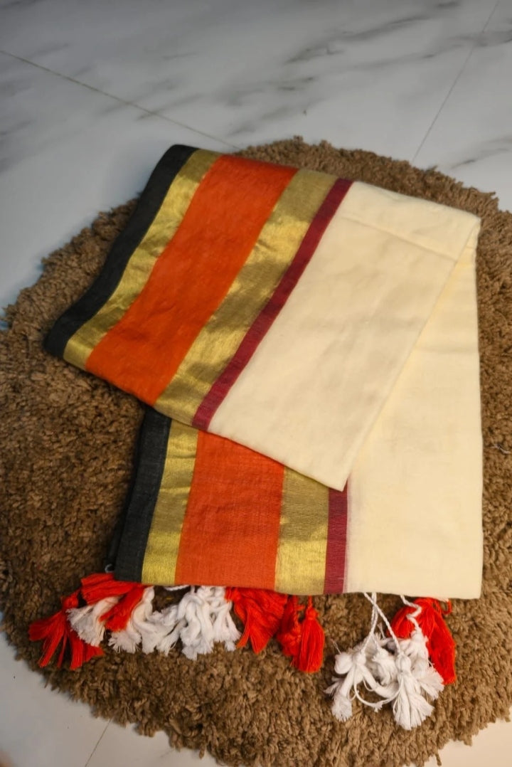 Kasavu Grace Ivory Saree with Contrast Border