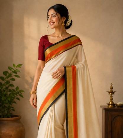 Kasavu Grace Ivory Saree with Contrast Border