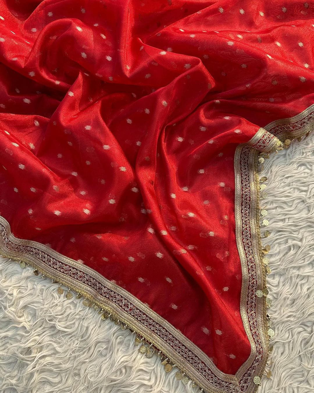 Royal Red Buta Tissue Silk Saree With Coin Lace Border