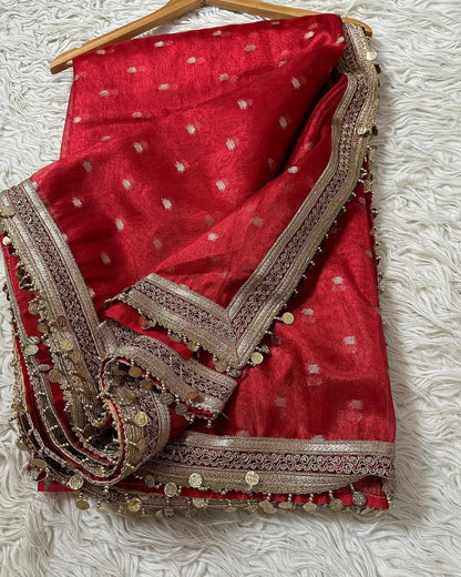 Royal Red Buta Tissue Silk Saree With Coin Lace Border