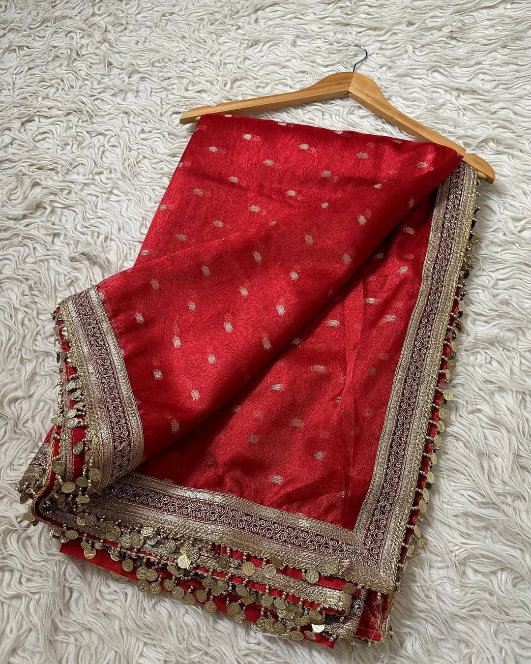 Royal Red Buta Tissue Silk Saree With Coin Lace Border