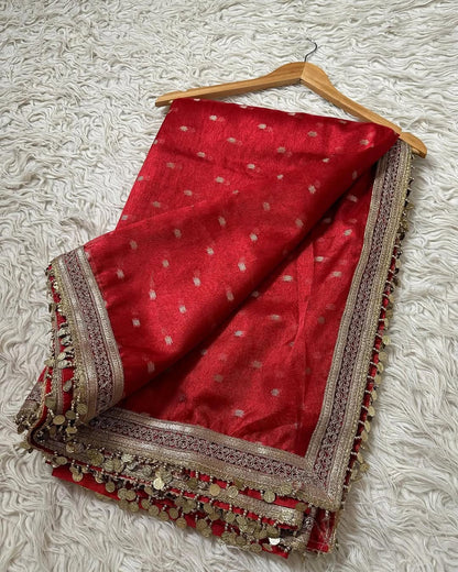 Royal Red Buta Tissue Silk Saree With Coin Lace Border