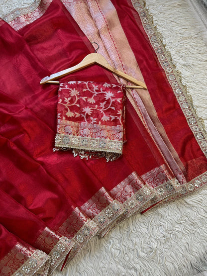 Sindoor Mahal Pearl Fringe Banarasi Tissue Saree