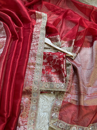 Sindoor Mahal Pearl Fringe Banarasi Tissue Saree