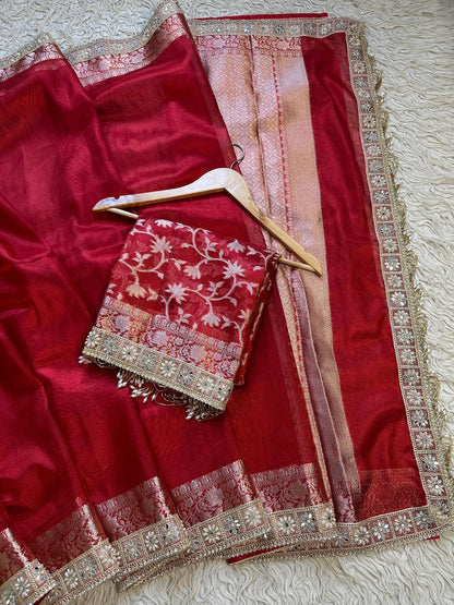 Sindoor Mahal Pearl Fringe Banarasi Tissue Saree