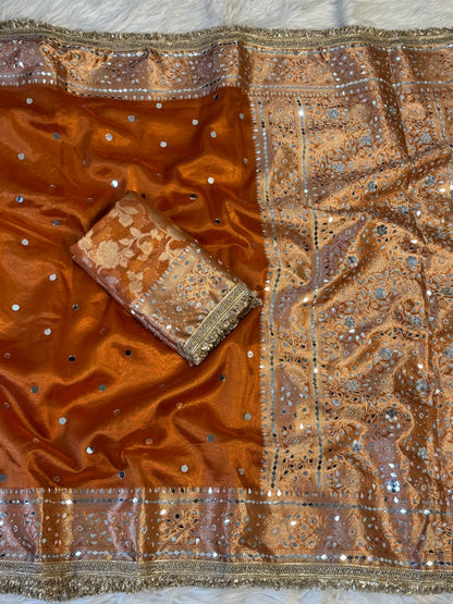 Maharani Banarasi Tissue Saree with Handcrafted Mirror Work