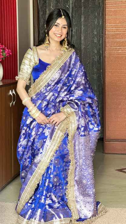 Gulab Jaal Mirror Work Banarasi Saree With Heavy Lace Border