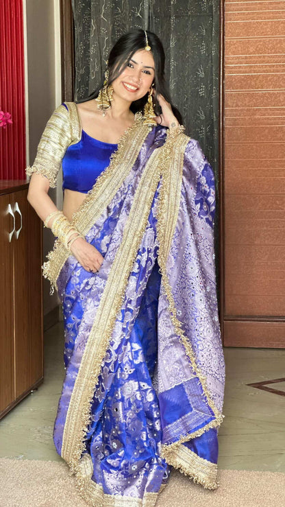 Gulab Jaal Mirror Work Banarasi Saree With Heavy Lace Border