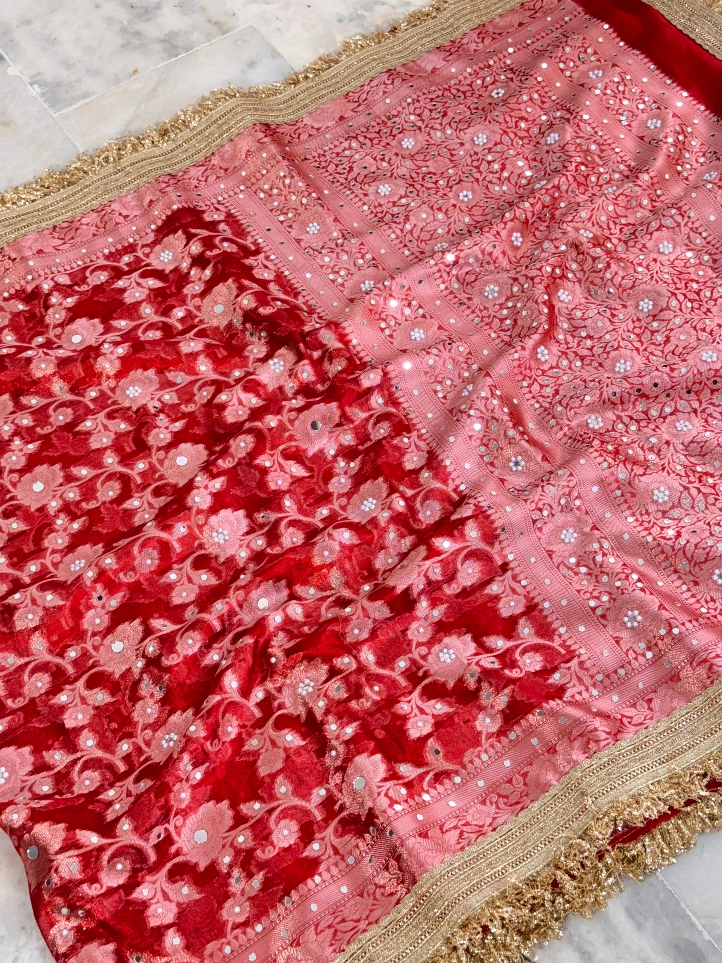 Gulab Jaal Mirror Work Banarasi Saree With Heavy Lace Border