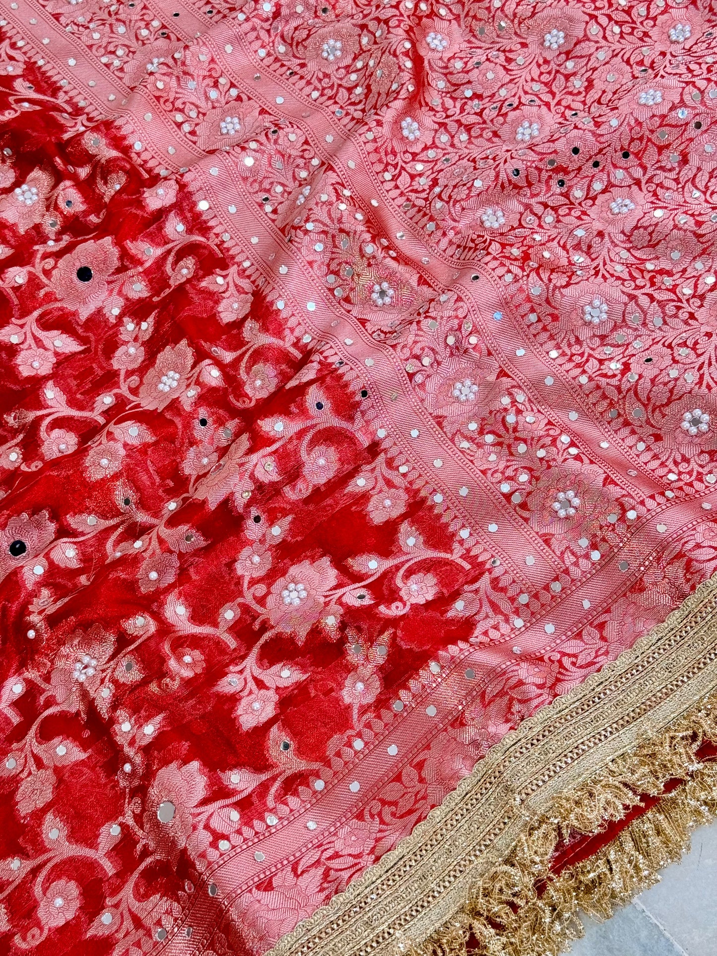Gulab Jaal Mirror Work Banarasi Saree With Heavy Lace Border