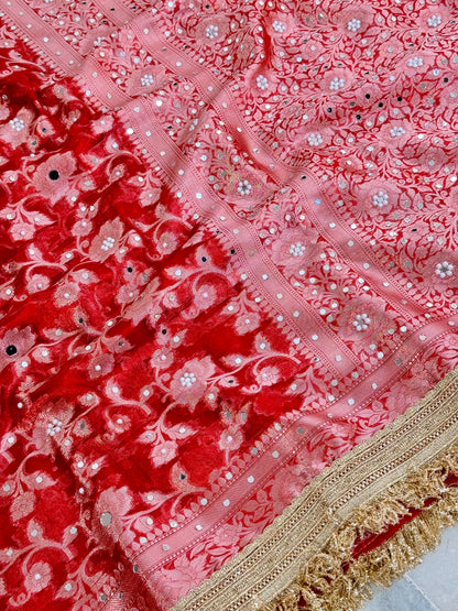 Gulab Jaal Mirror Work Banarasi Saree With Heavy Lace Border