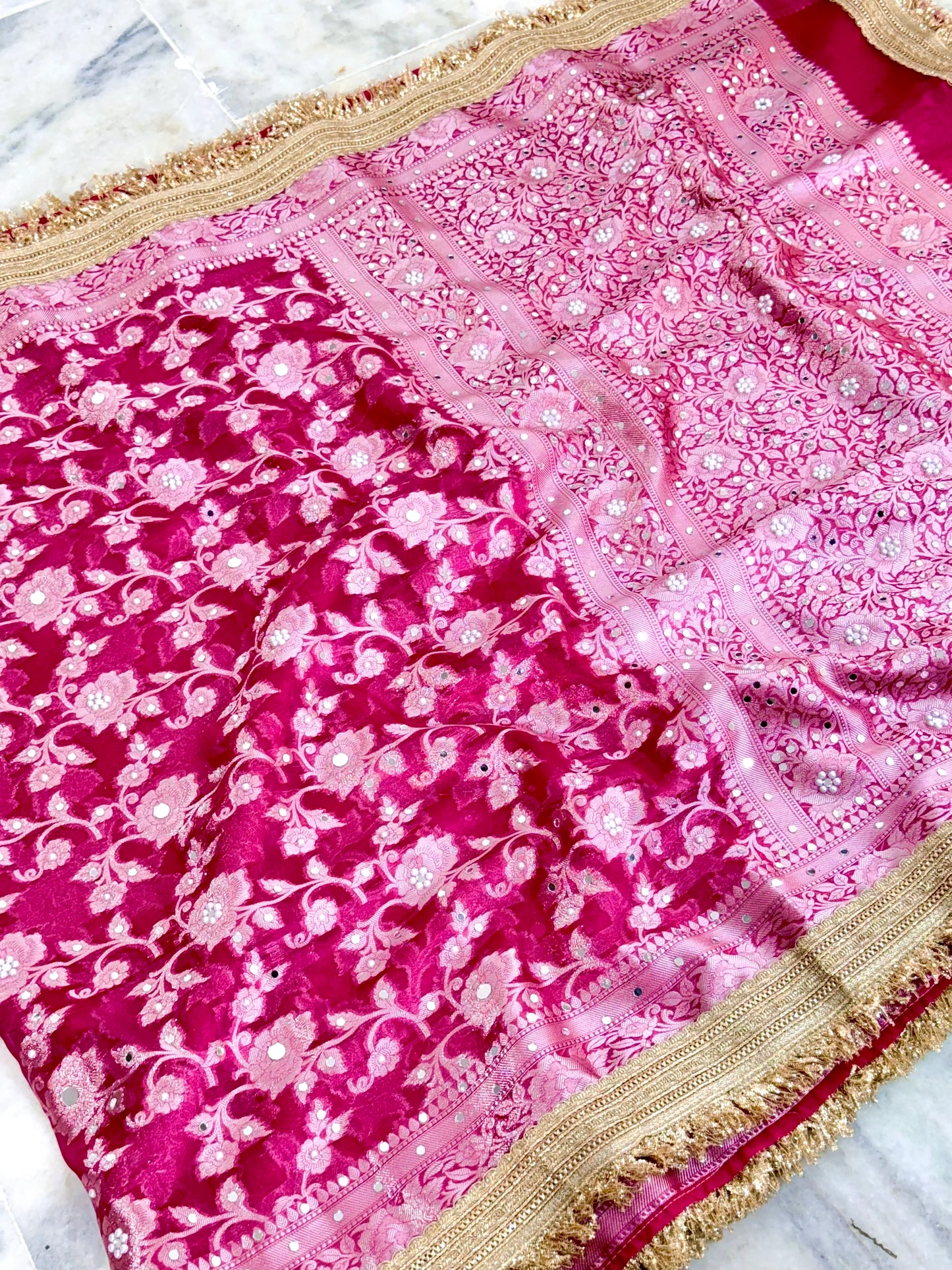 Gulab Jaal Mirror Work Banarasi Saree With Heavy Lace Border