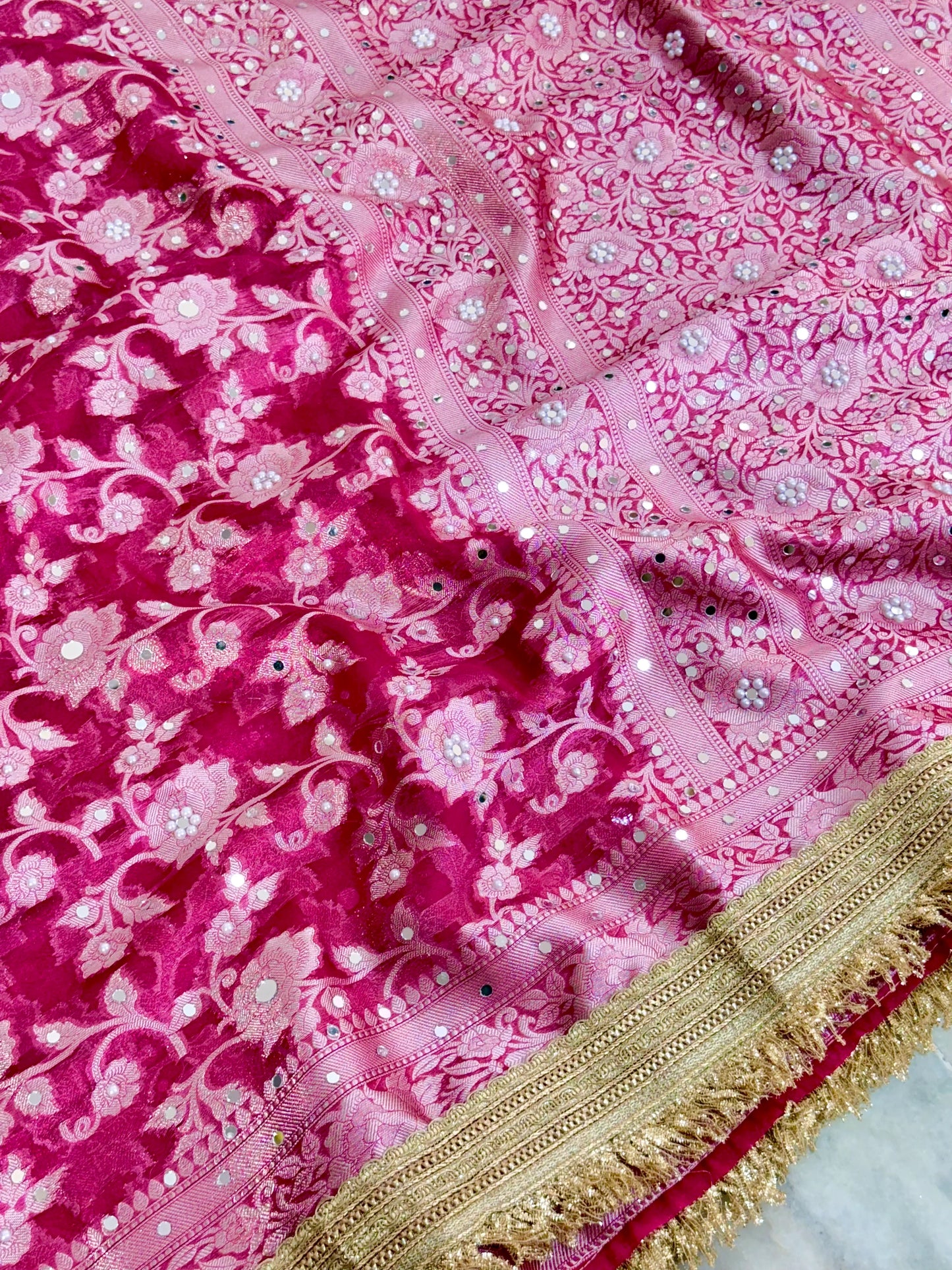 Gulab Jaal Mirror Work Banarasi Saree With Heavy Lace Border