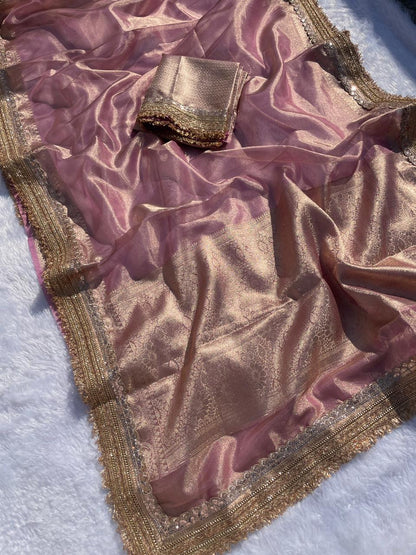 Zarina Rose Gold Tissue Silk Saree.