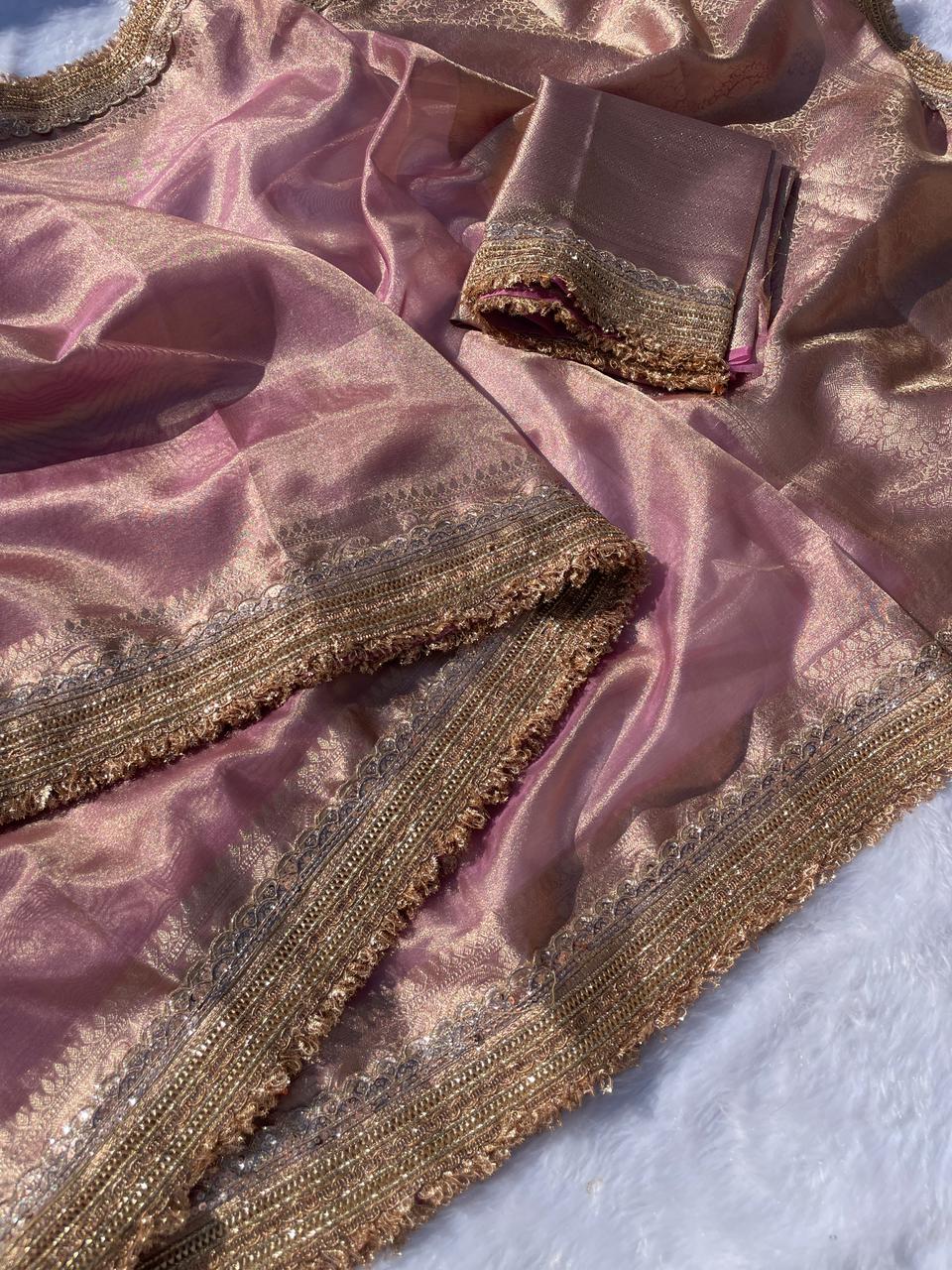 Zarina Rose Gold Tissue Silk Saree.