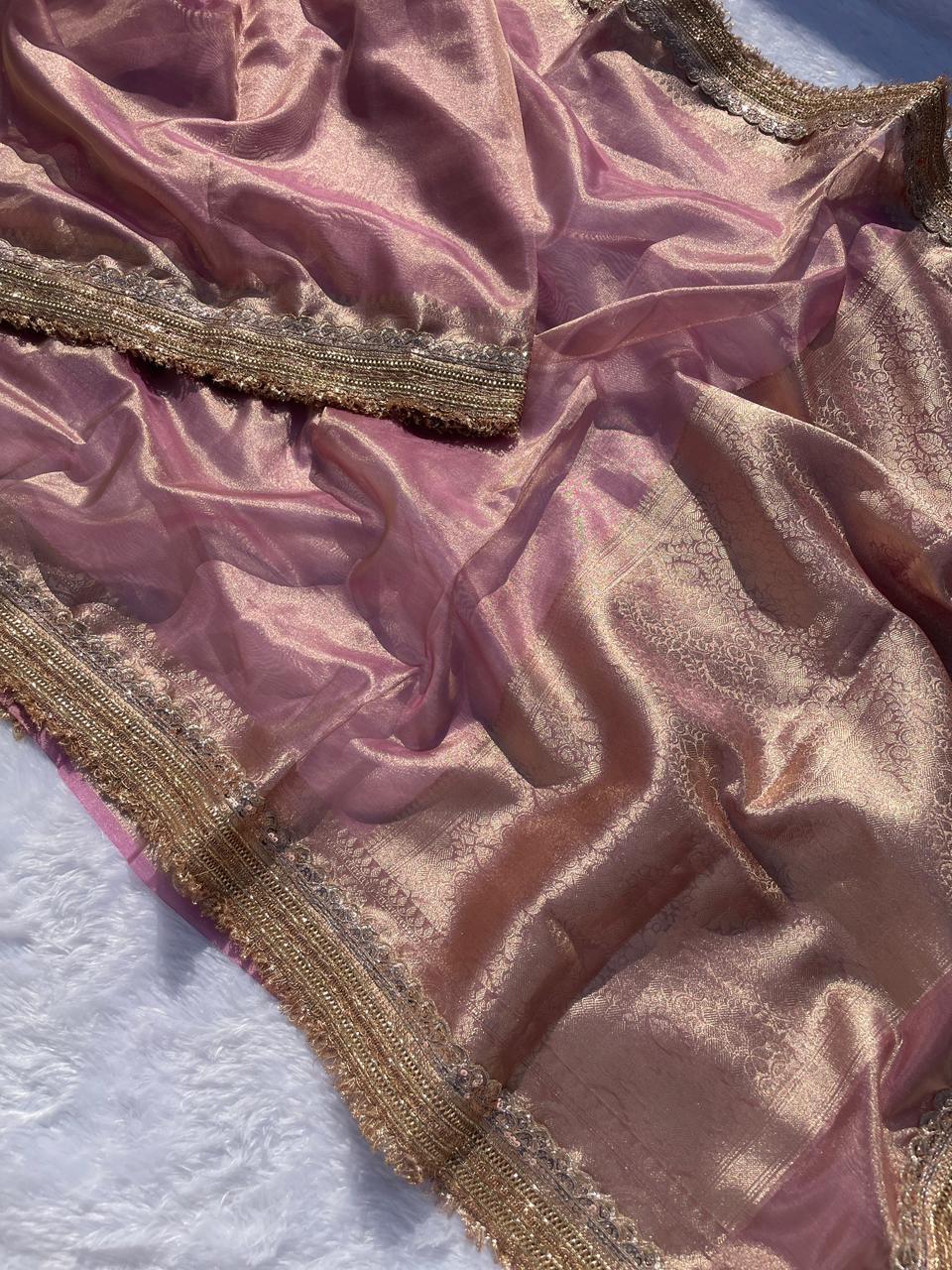 Zarina Rose Gold Tissue Silk Saree.