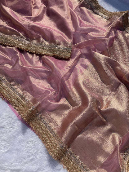 Zarina Rose Gold Tissue Silk Saree.