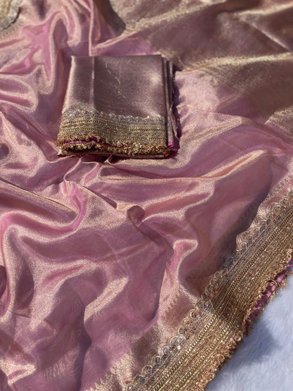 Zarina Rose Gold Tissue Silk Saree.