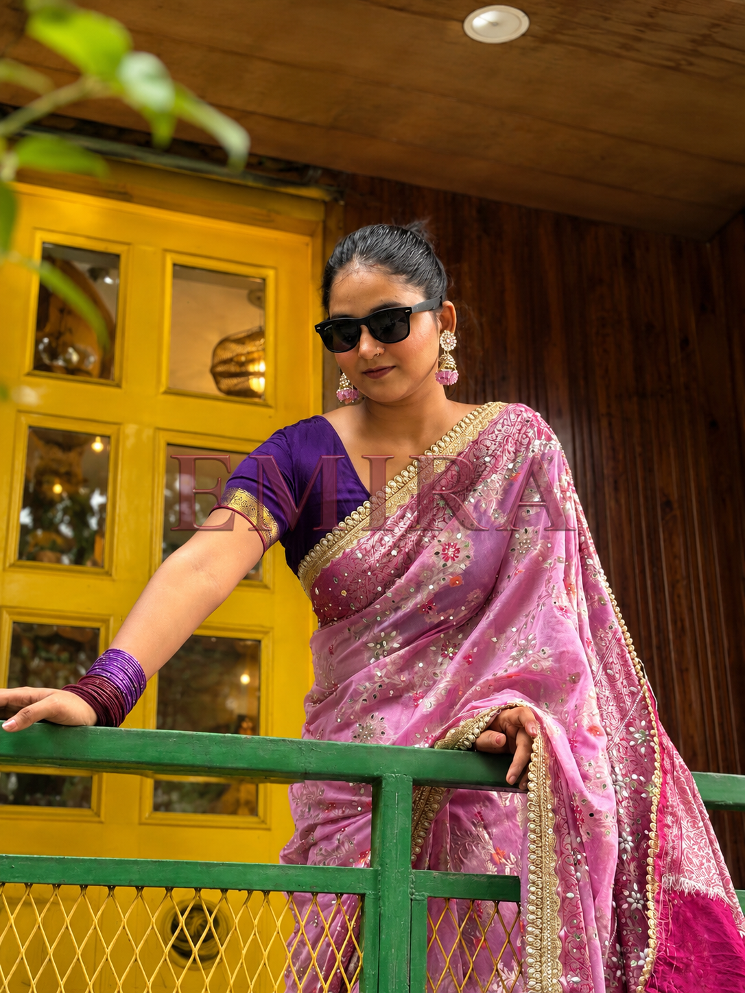 Baby Pink Banarasi Georgette Saree with Meenakari Jaal & Mirror Work