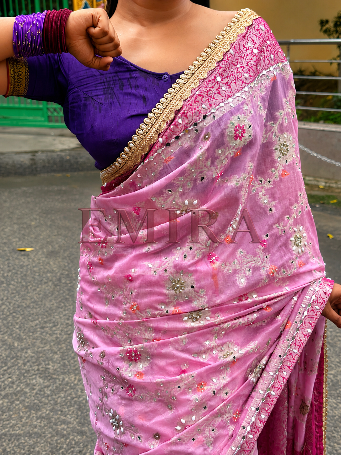 Baby Pink Banarasi Georgette Saree with Meenakari Jaal & Mirror Work
