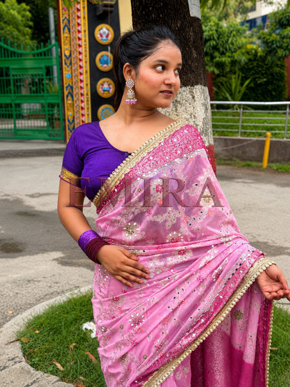 Baby Pink Banarasi Georgette Saree with Meenakari Jaal & Mirror Work