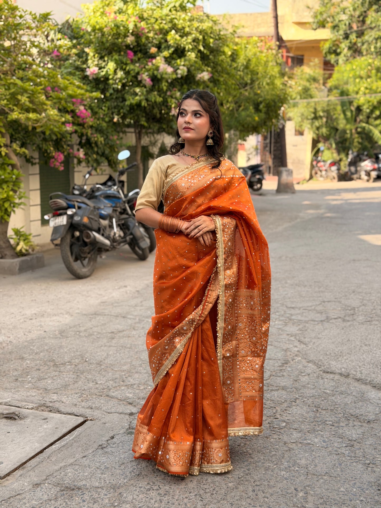 Rangmahal Mirror Work Banarasi Tissue Silk Saree