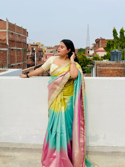 Pastel Rainbow Banarasi Tissue Silk Saree
