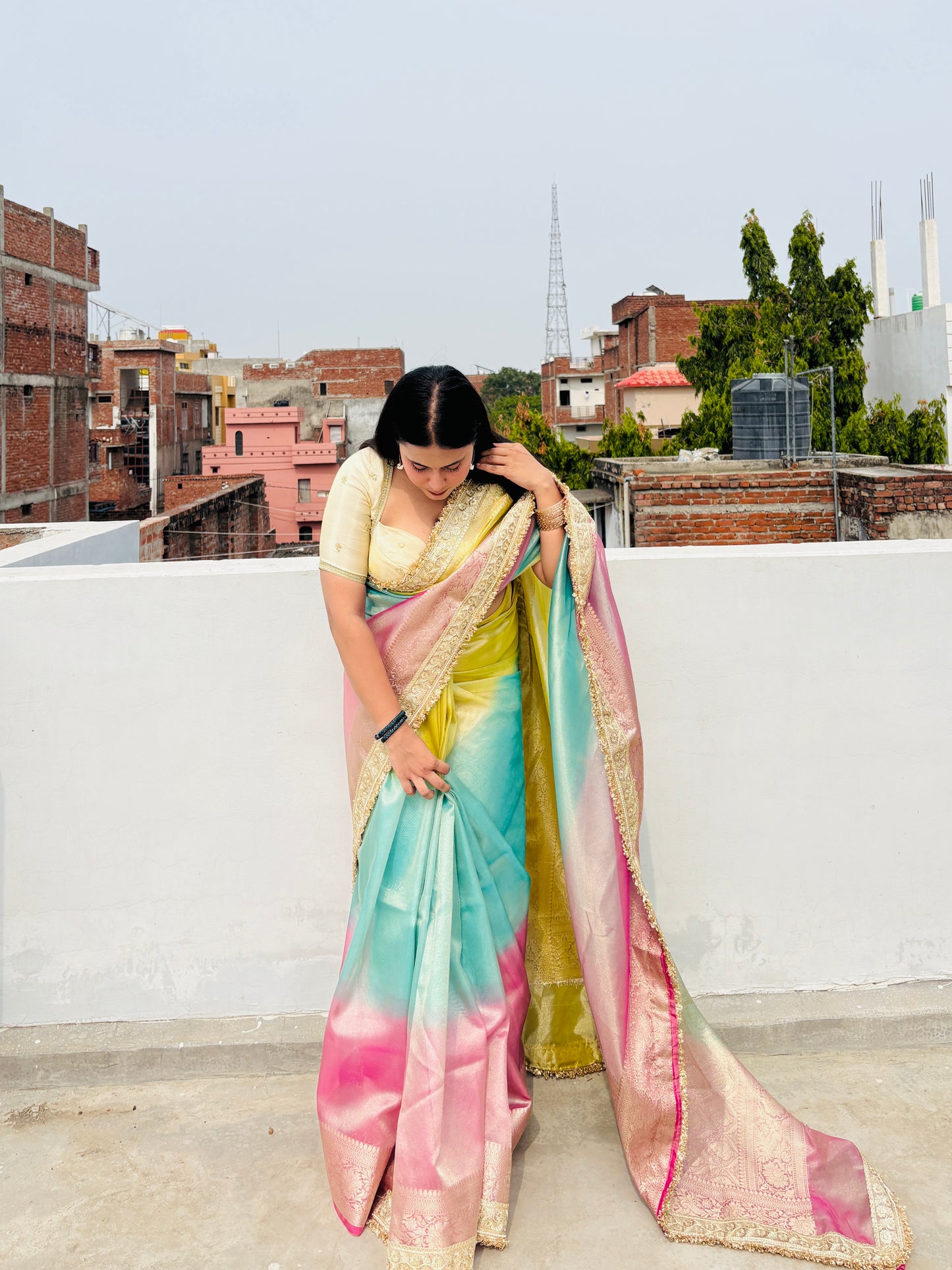 Pastel Rainbow Banarasi Tissue Silk Saree