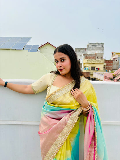 Pastel Rainbow Banarasi Tissue Silk Saree