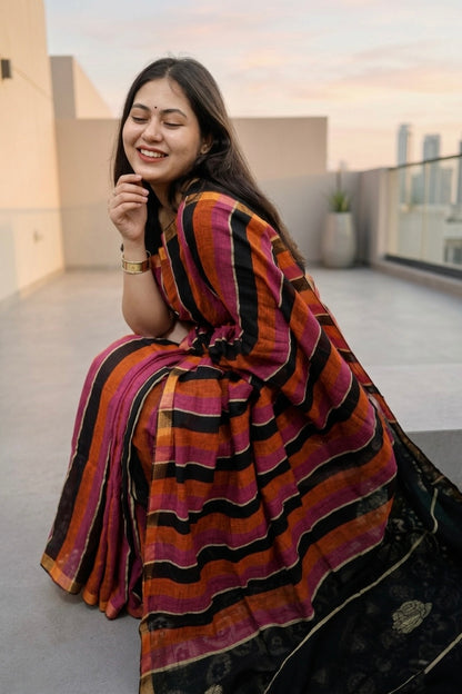 Multicolor Striped Linen Saree
