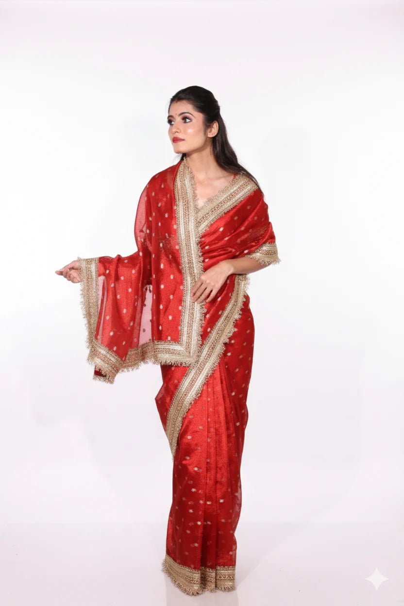 Red Banarasi Tissue Silk Saree With Luxury Lace Border