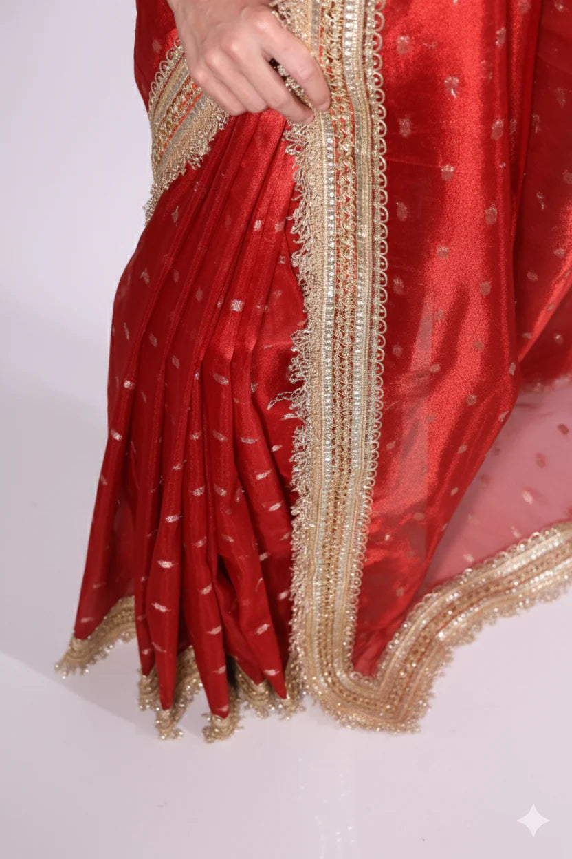 Red Banarasi Tissue Silk Saree With Luxury Lace Border