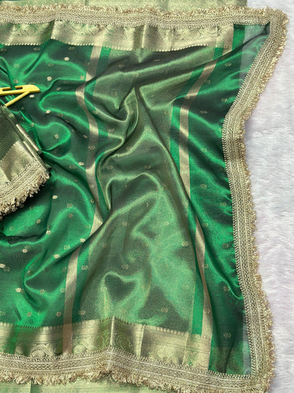 Banarasi Tissue Silk Saree with Gold Zari Buti & Heavy Lace Border