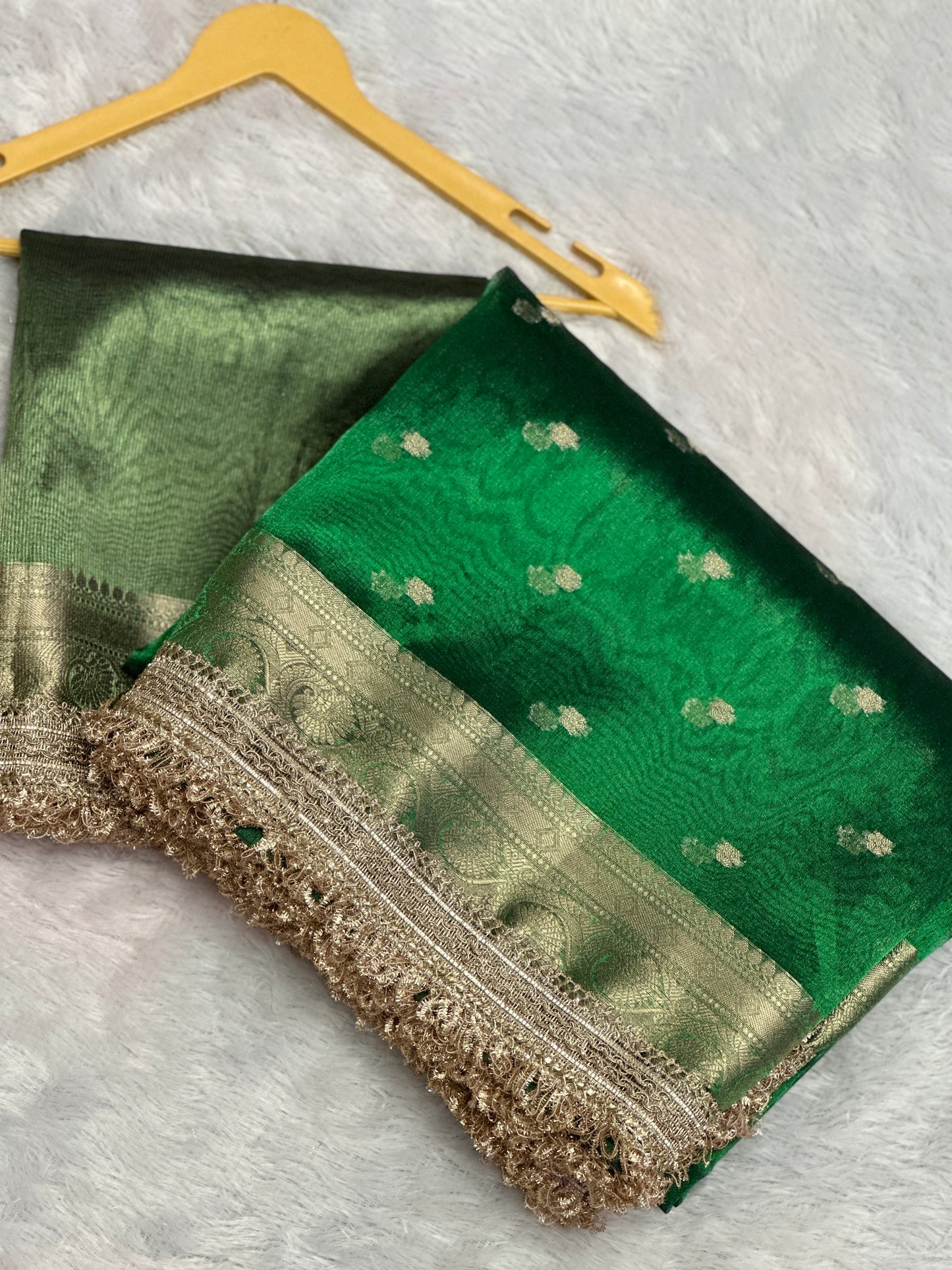 Peacock Green  Banarasi Tissue Silk Saree with Gold Zari Buti & Heavy Lace Border