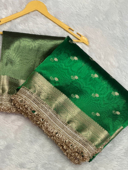 Peacock Green  Banarasi Tissue Silk Saree with Gold Zari Buti & Heavy Lace Border